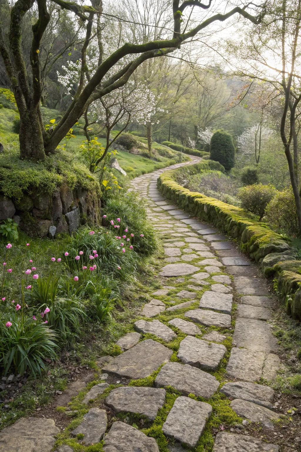 A winding stone pathway through a lush rustic garden.