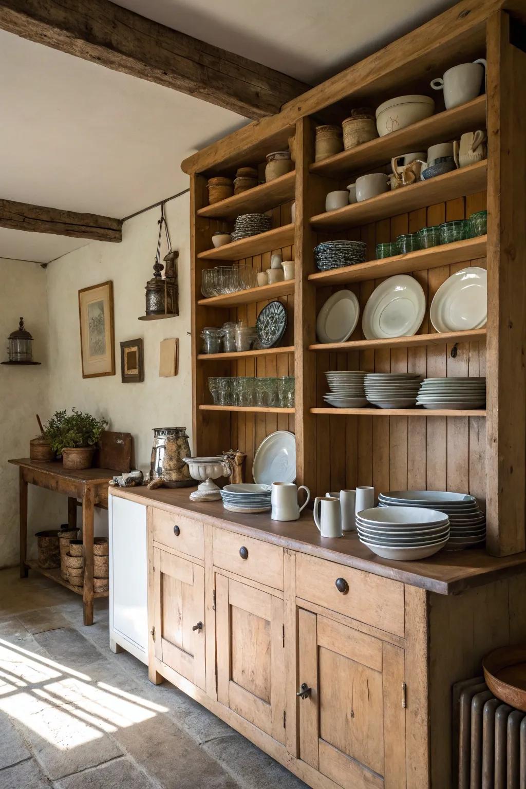 Open shelving keeps the kitchen light and airy while showcasing rustic dishware.