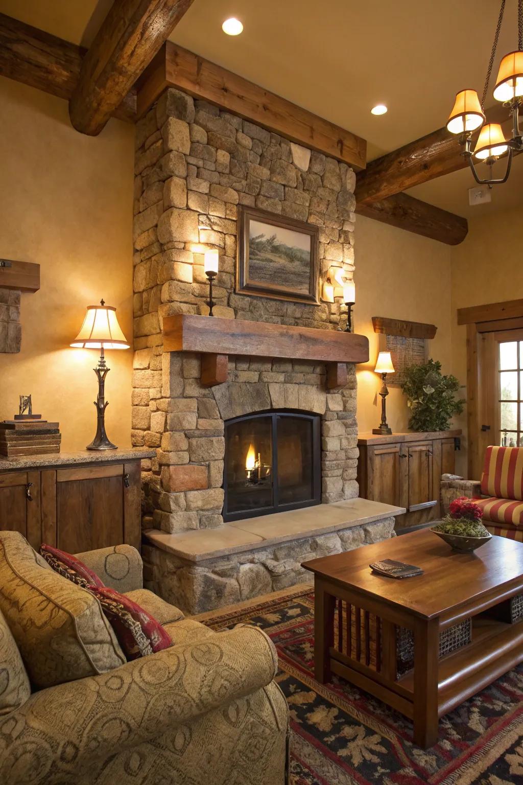 The stone fireplace and warm lighting create a cozy, cabin-like atmosphere.