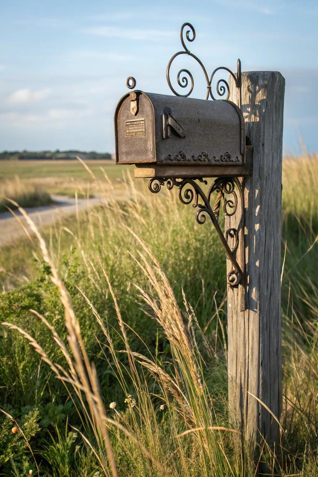 Metal accents bring a touch of vintage elegance to this mailbox post.