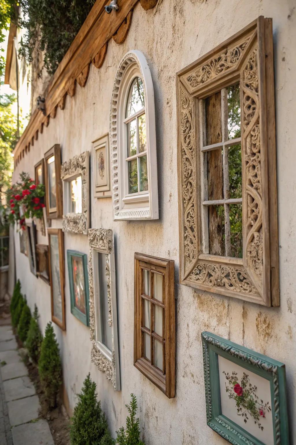 Antique window frames repurposed as unique and charming wall decor.