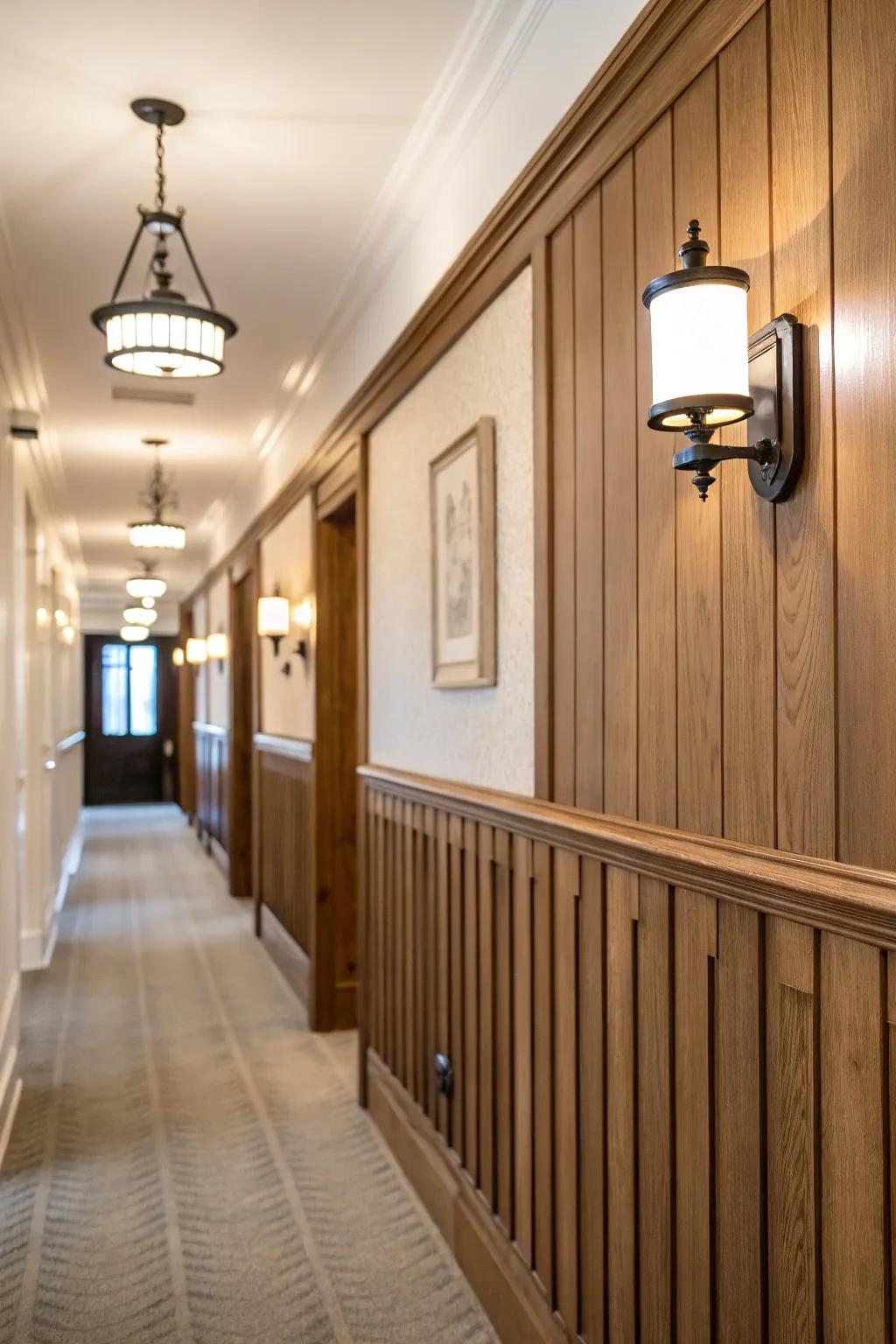 Vertical planks add a traditional and elegant touch to any hallway.