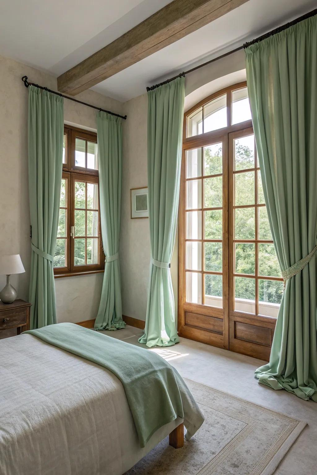 Sage green curtains frame windows beautifully, enhancing the room's serene atmosphere.