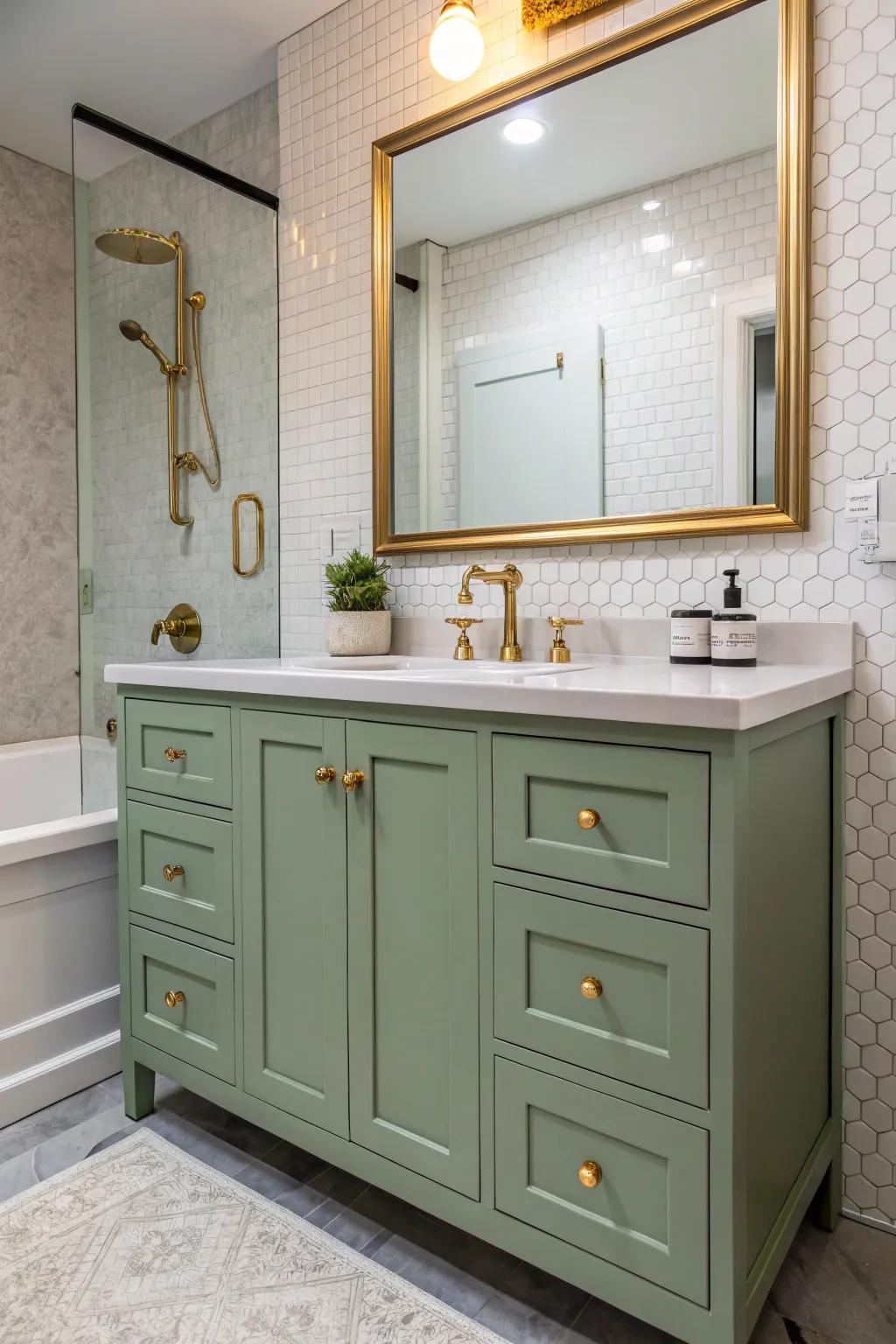 A stylish bathroom featuring a sage green vanity complemented by brass fixtures.