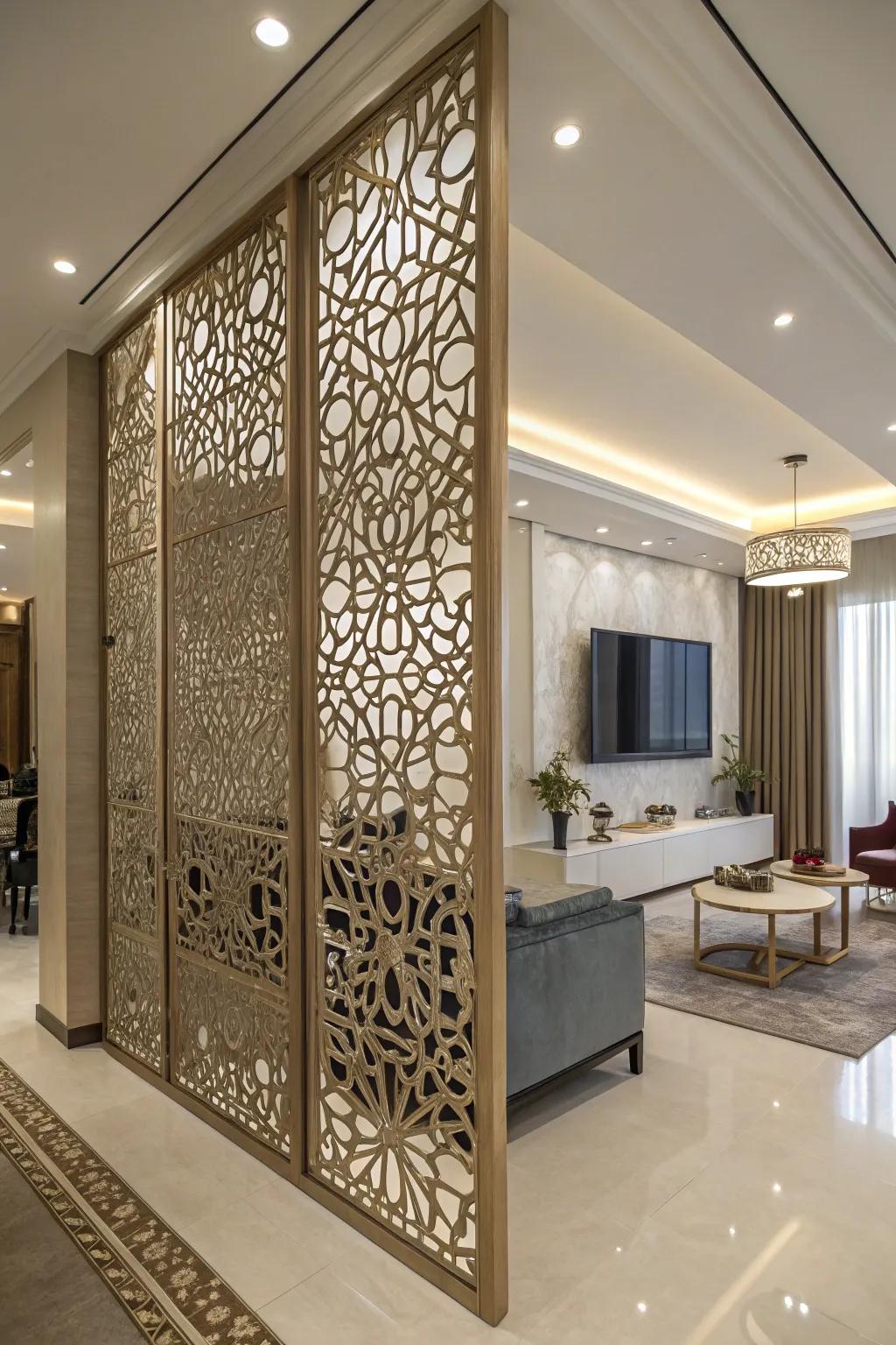 Intricate cut-out designs adorn this decorative panel screen wall.