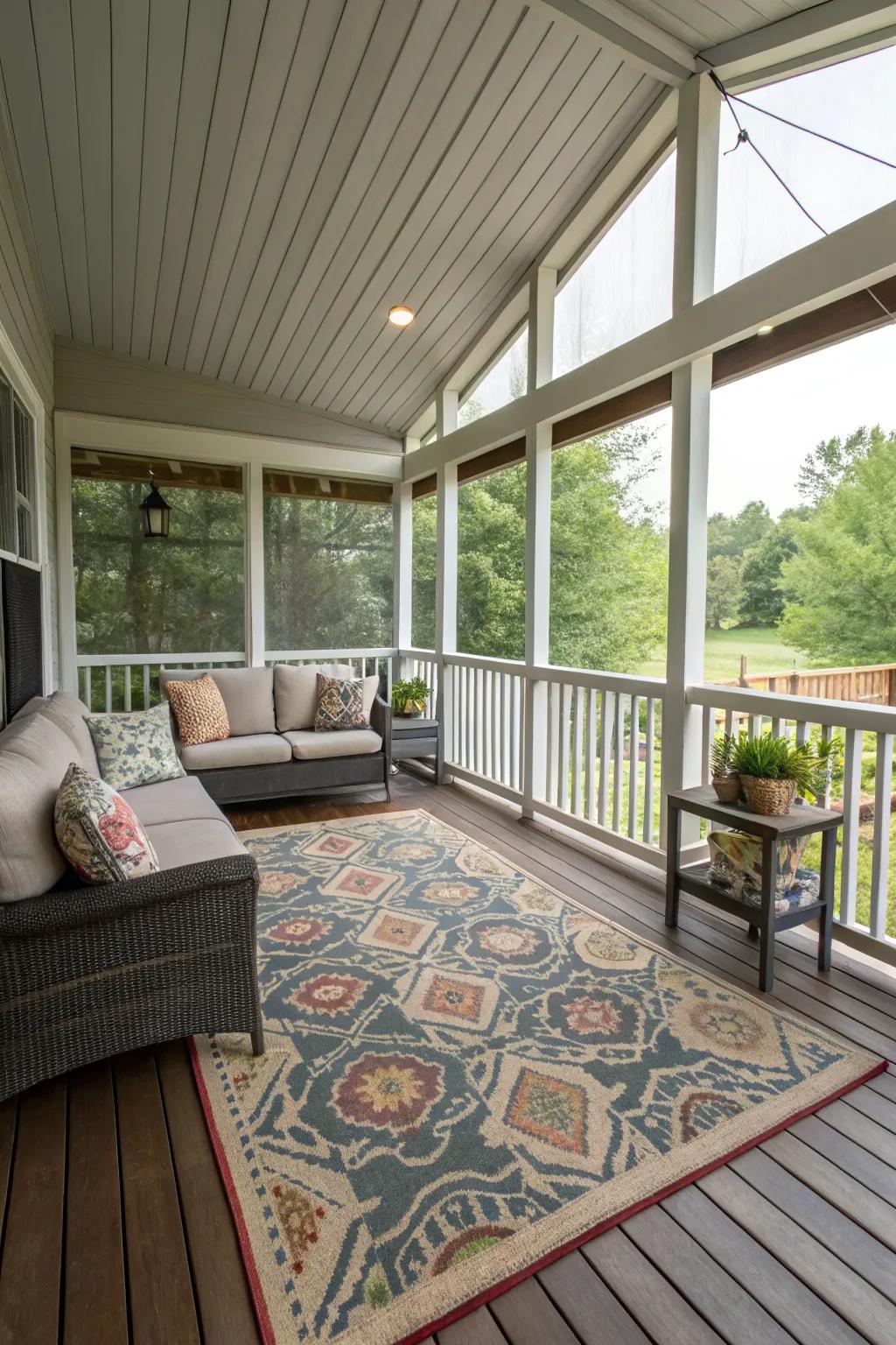 An area rug defines and warms up the porch space.