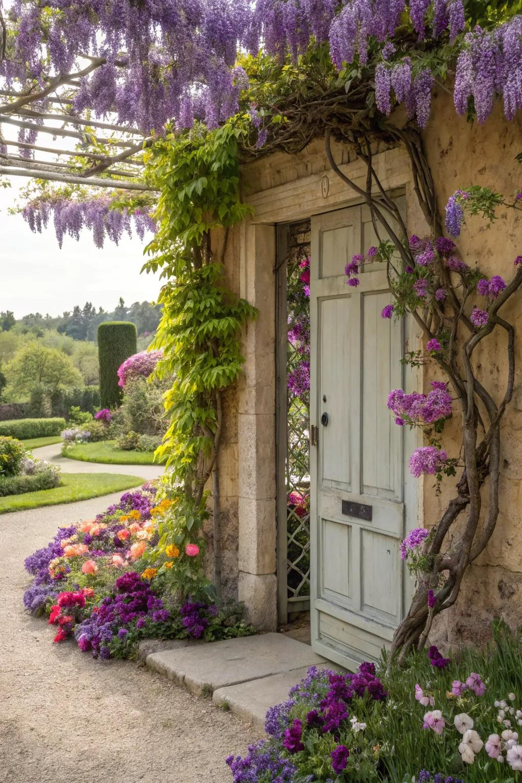 A floral wonderland awaits beyond this vibrant garden door.