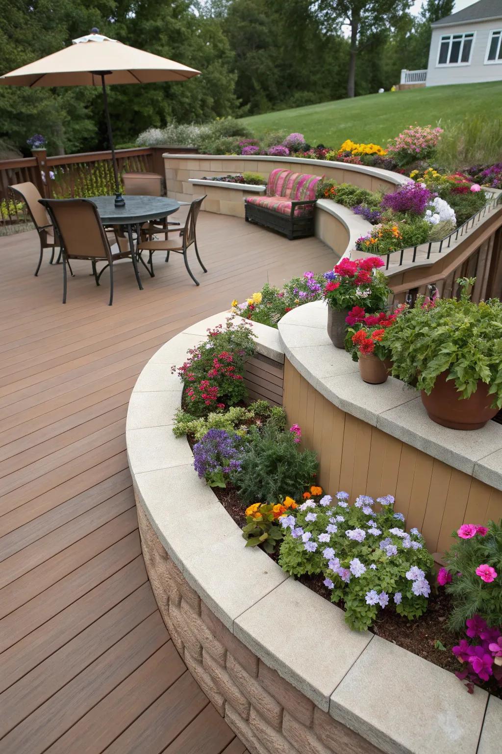 Planters and flowers bring vibrancy to your semi-circle patio.