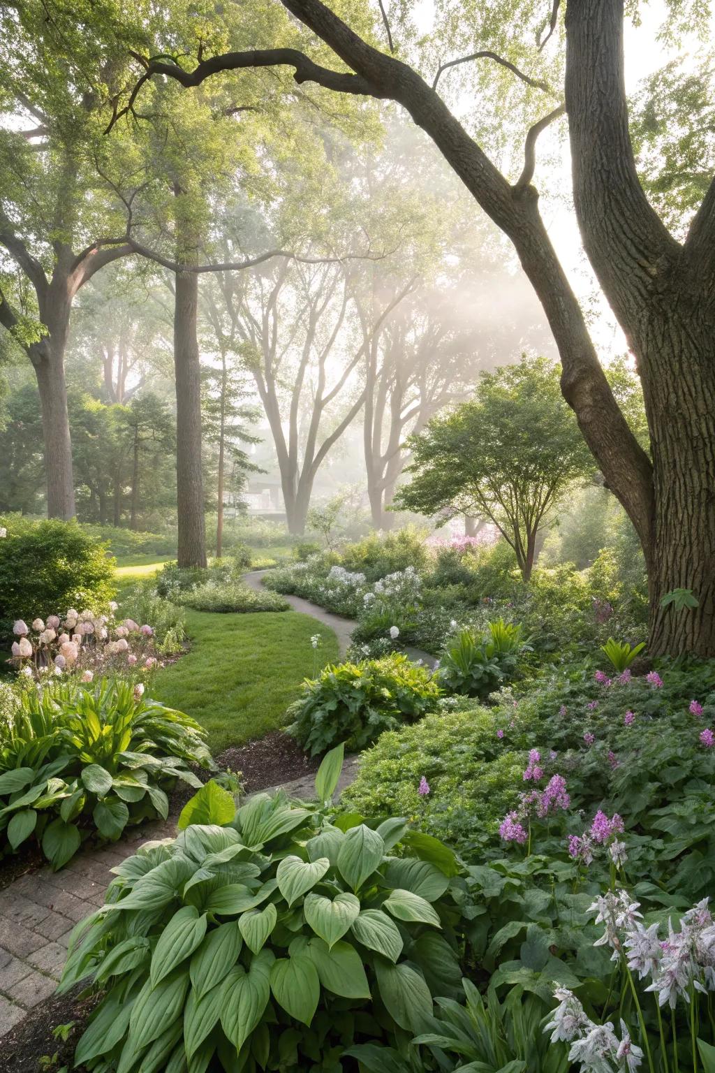 A shade garden blending into a natural wooded setting.