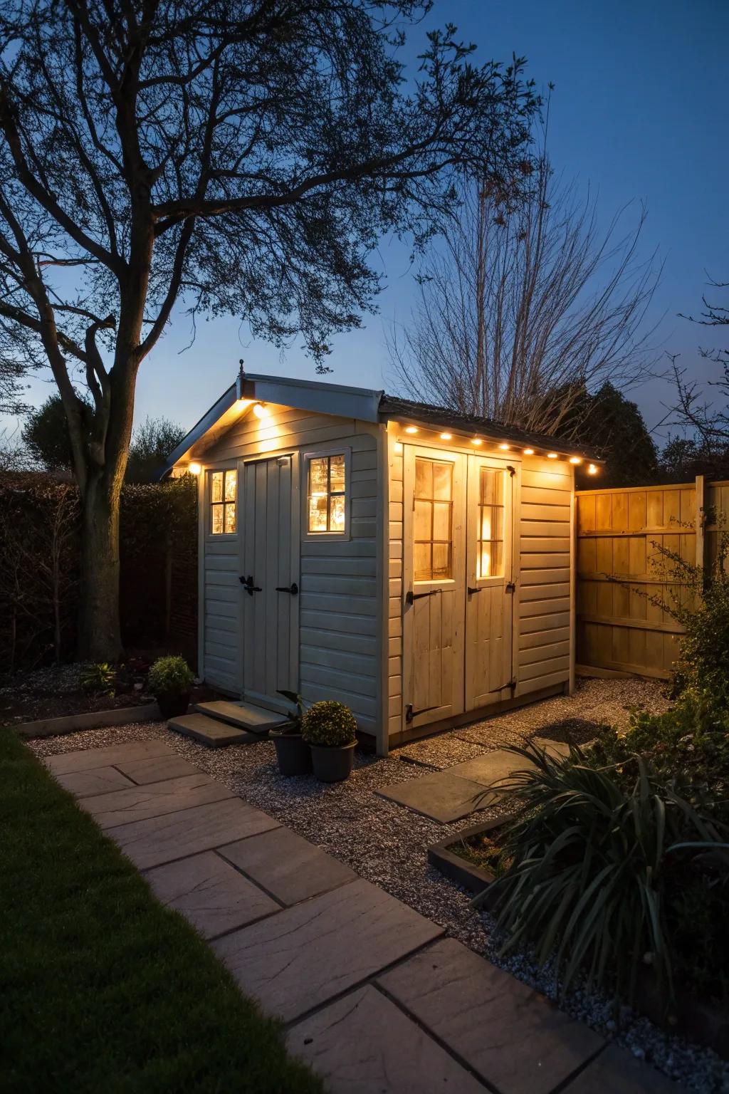 Motion sensor lights illuminate the shed, deterring potential intruders.