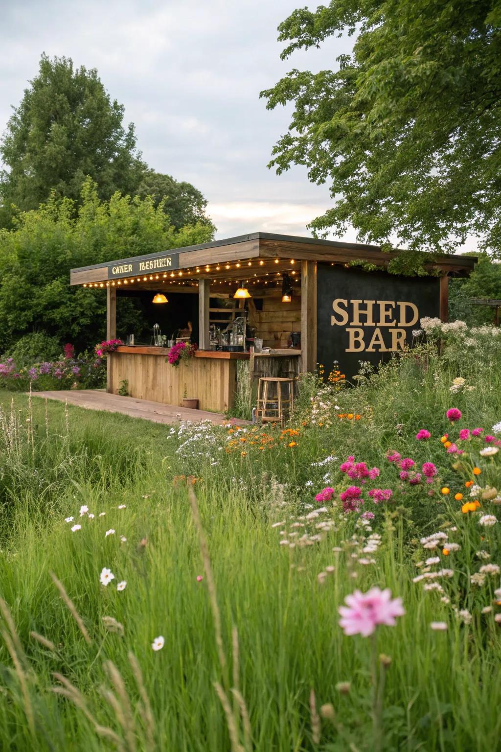 Turn your shed bar into a garden oasis with lush greenery.