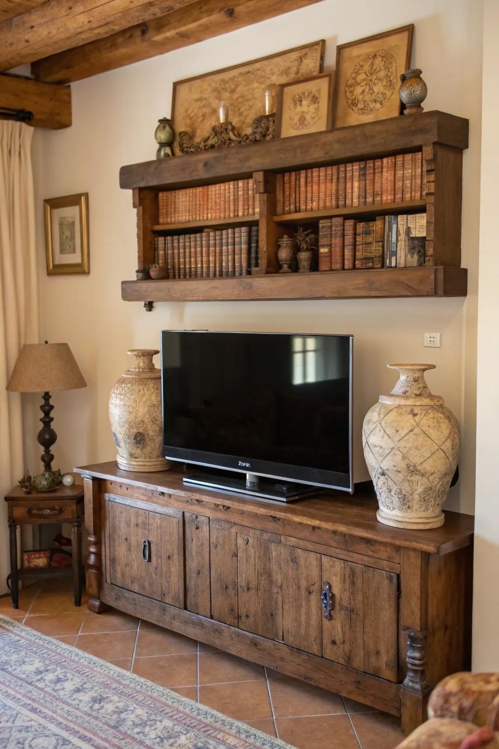 Reclaimed wood adds rustic charm above the TV.