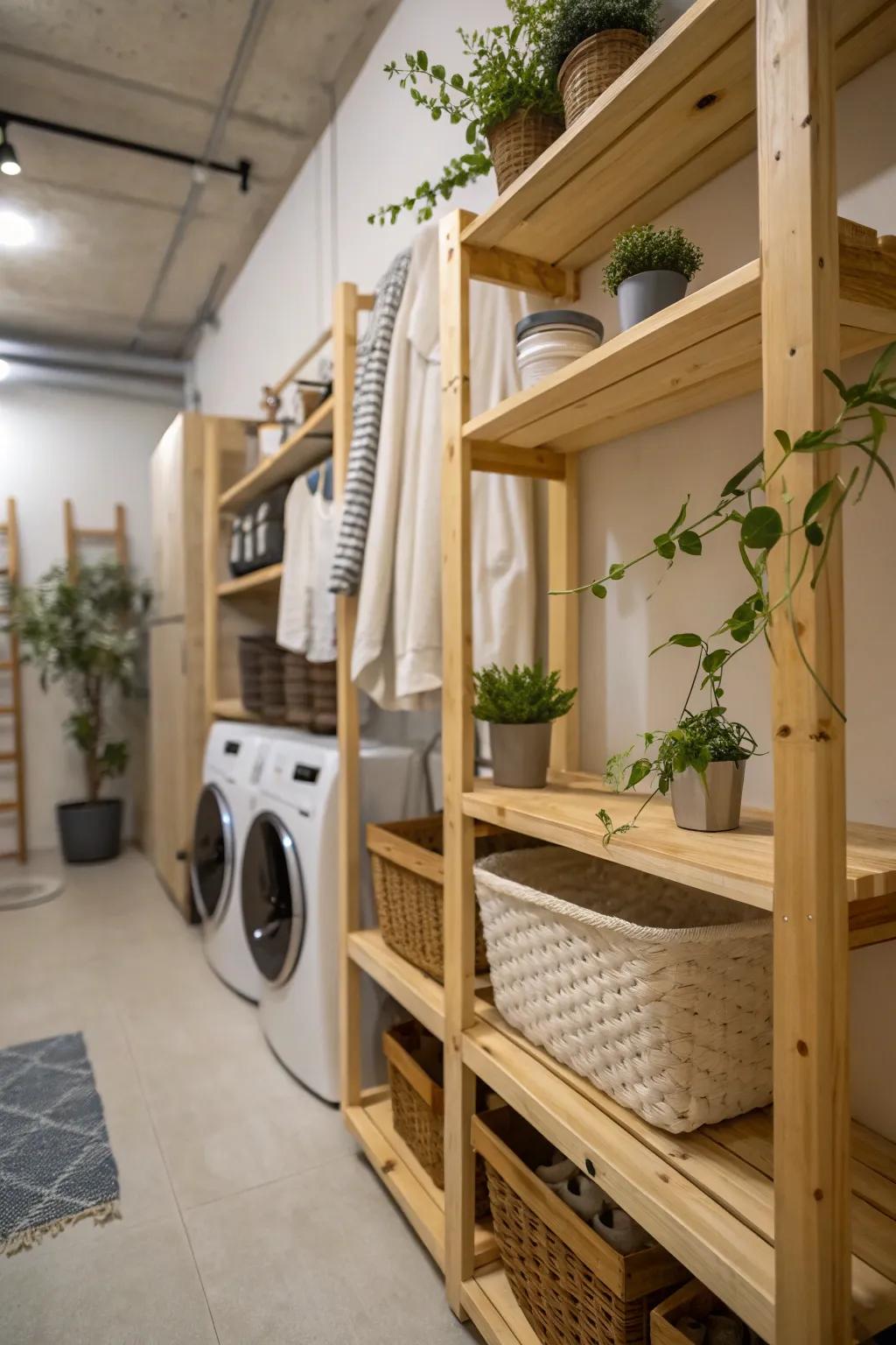 Wooden shelves in a utility room paired with greenery to create a warm and inviting atmosphere.