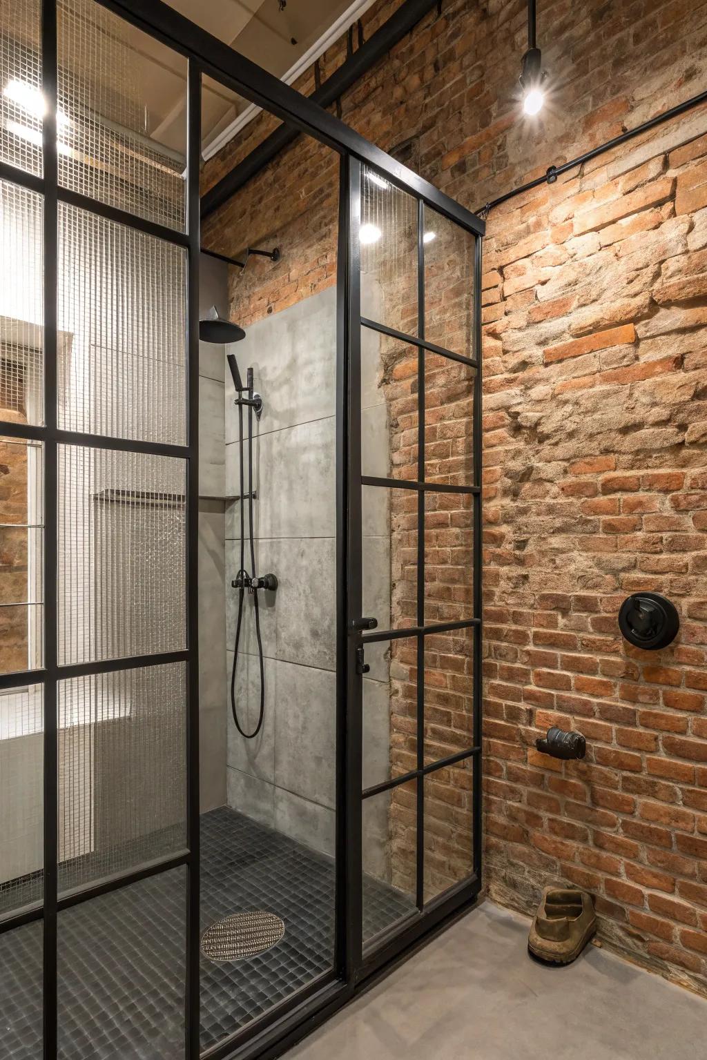 Industrial elements create a bold and chic shower space.