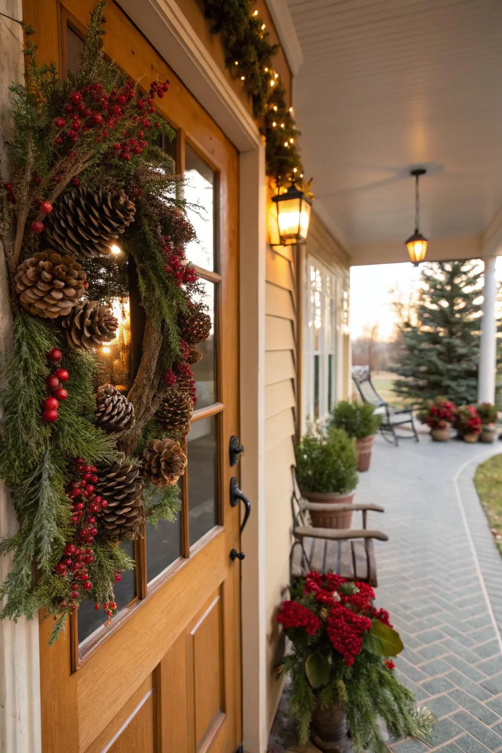 Rustic elements like pinecones and berries add natural charm.