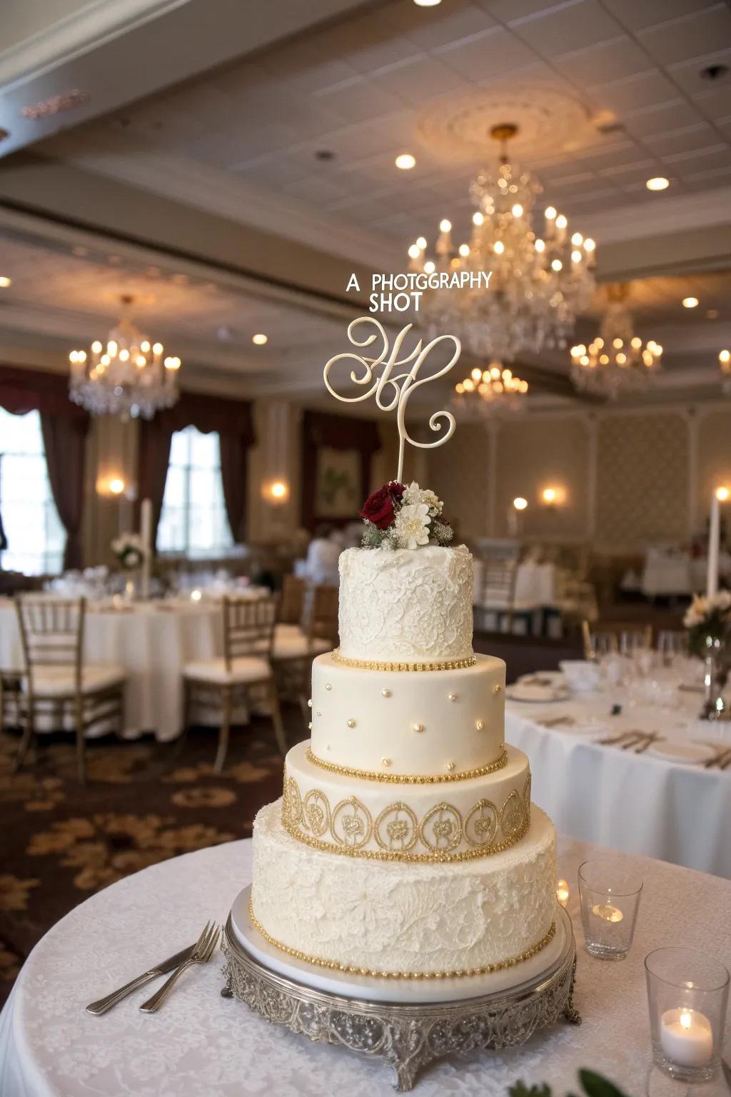 Personalized wedding cake with custom topper.