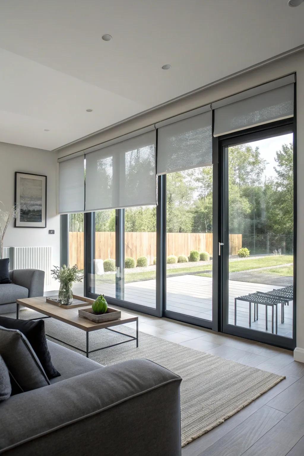 Roller shades provide a modern and functional solution.