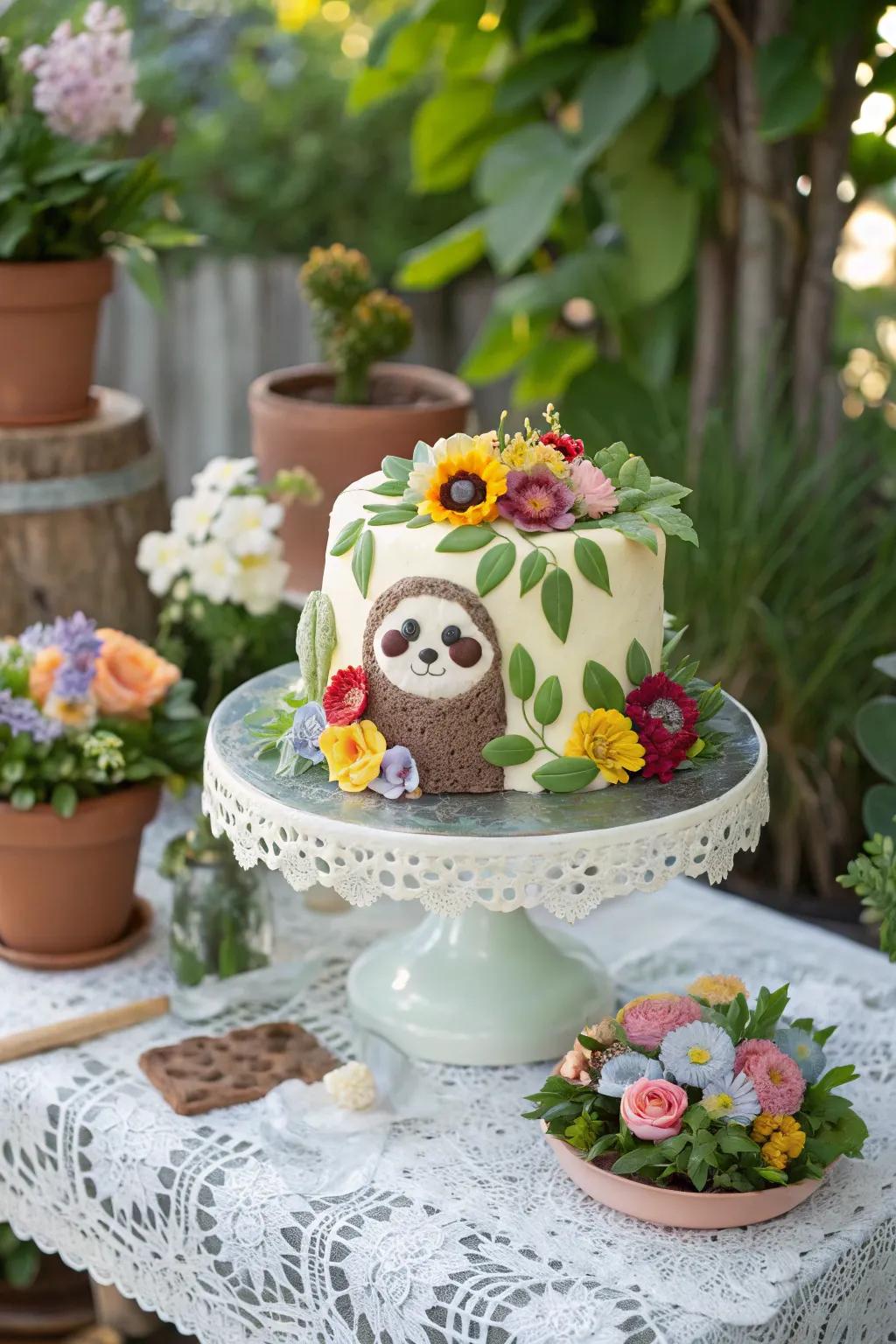 Floral accents elevate this sloth cake to a new level.