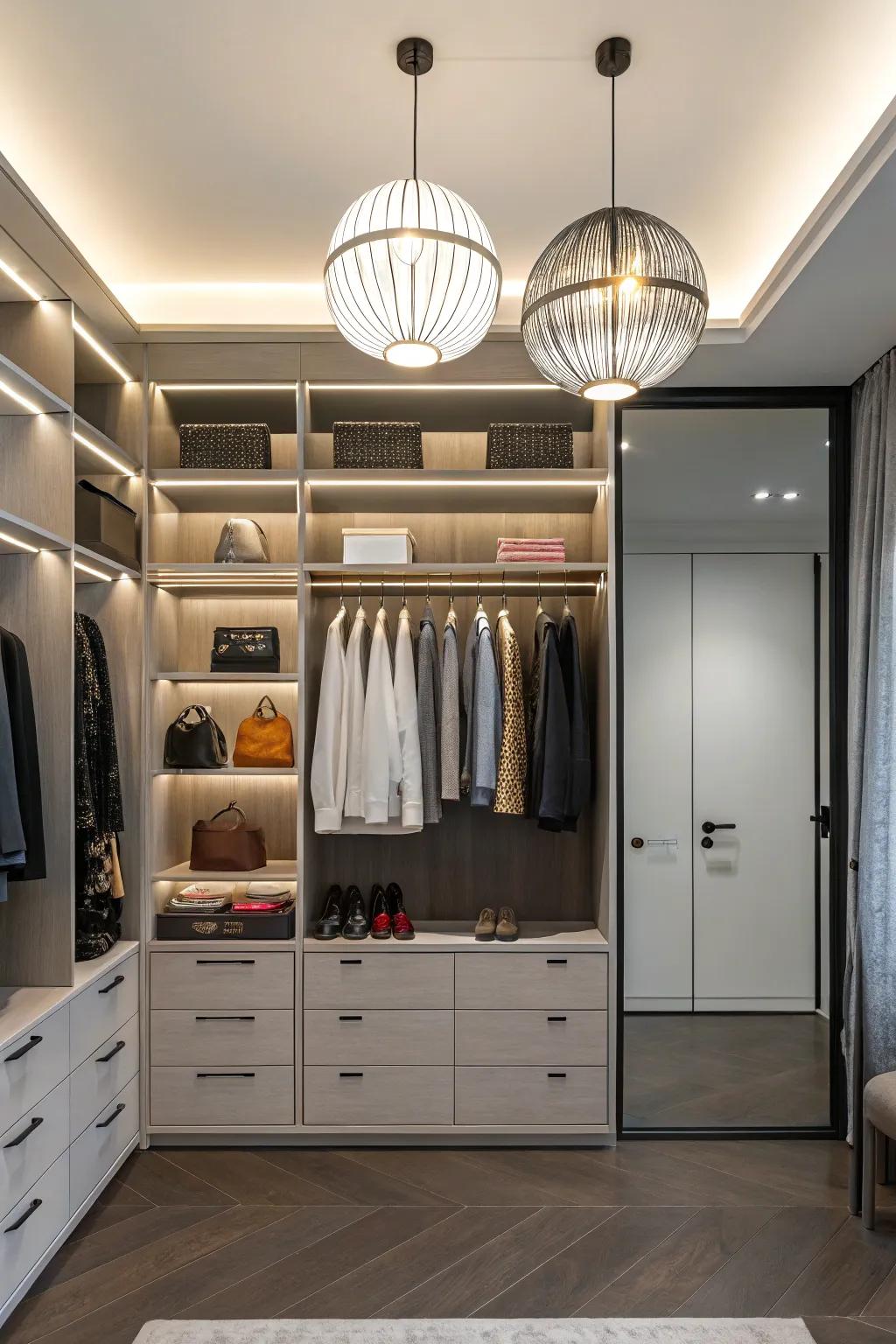 Sleek fixtures add a contemporary touch to a small closet.