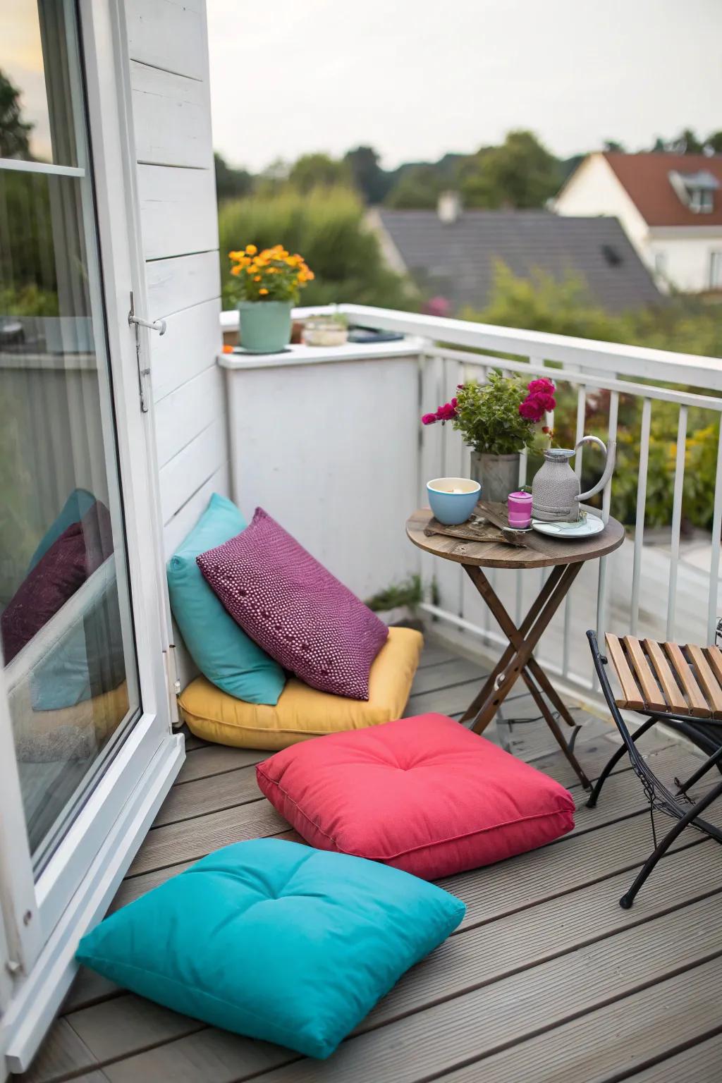 Compact seating with vibrant cushions on a small deck.