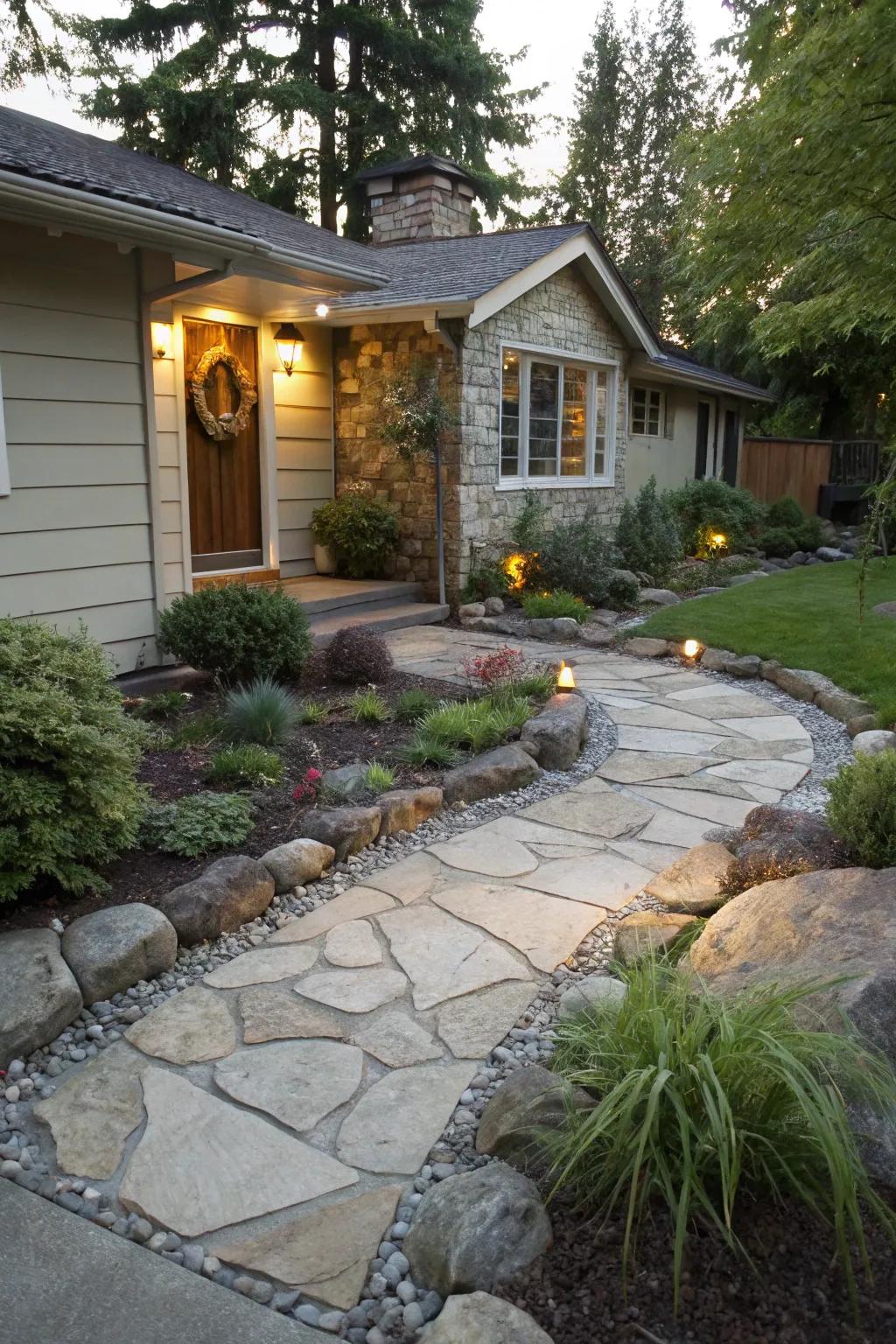 Stone pathways and rock borders offer structure and style.