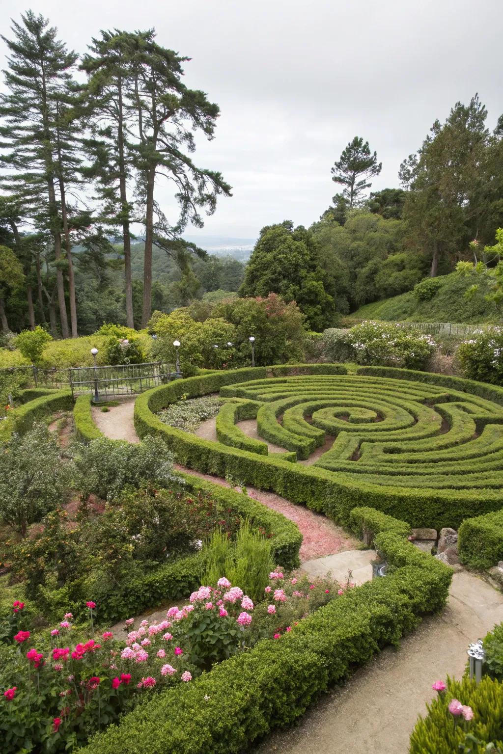 An intricate circular maze layout maximizing space in a small garden.