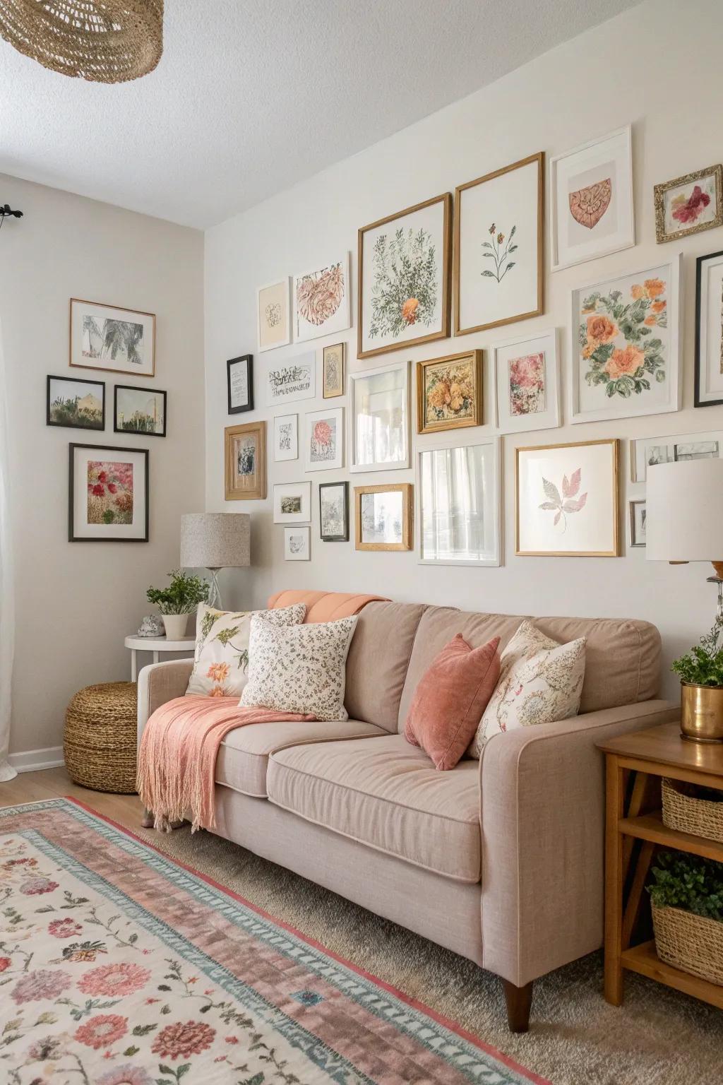 Wall art adds depth and personal touch.