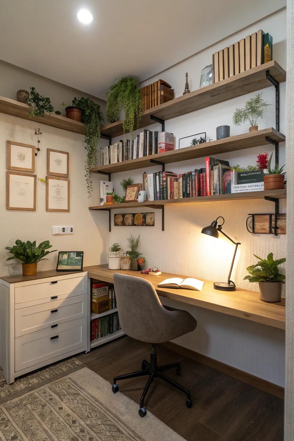 A practical vertical storage solution with wall-mounted shelves.