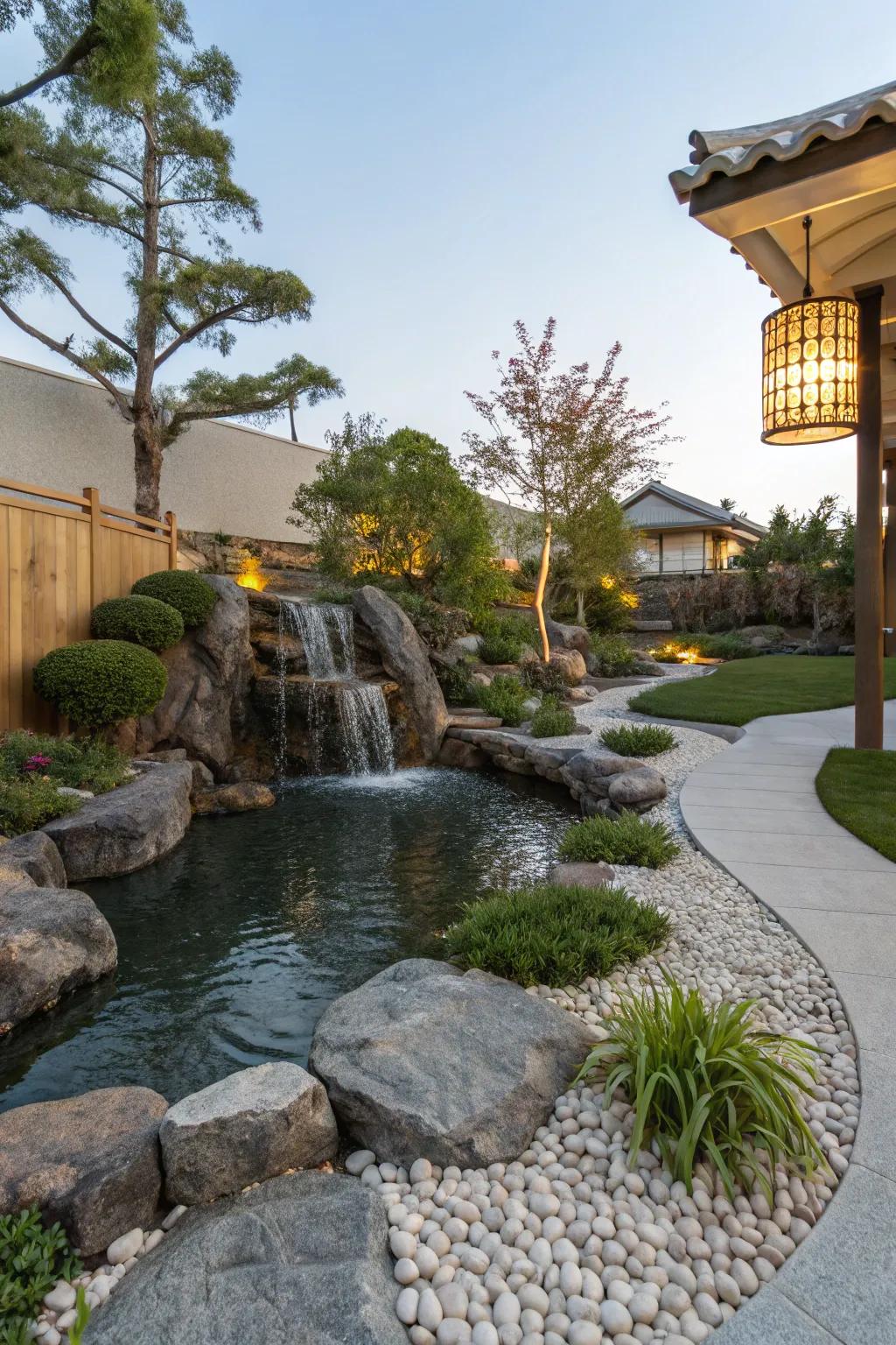 A zen garden pond offers a retreat into tranquility.