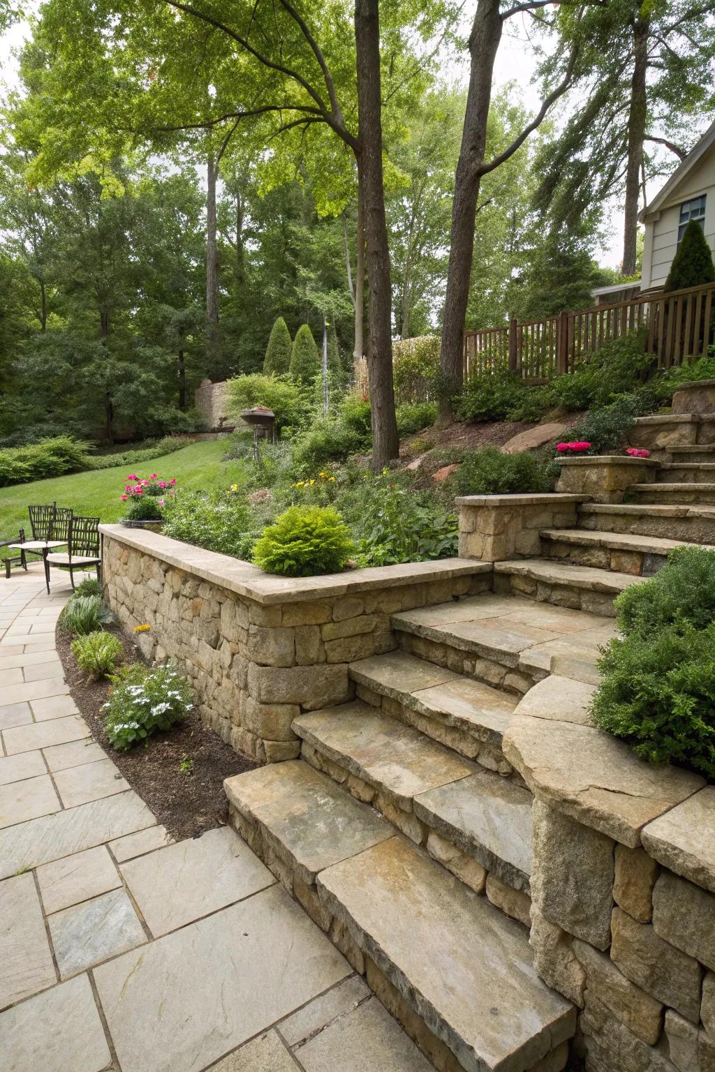 Integrated steps add both function and beauty to retaining walls.