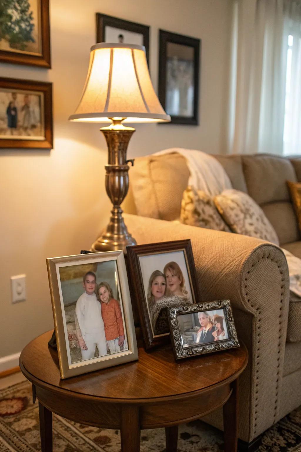 Personal photos in elegant frames on a side table.