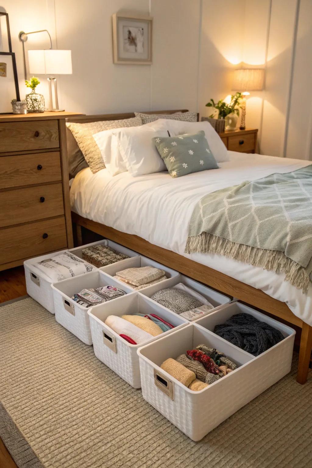 Neatly organized storage bins under a bed in a stylish bedroom.