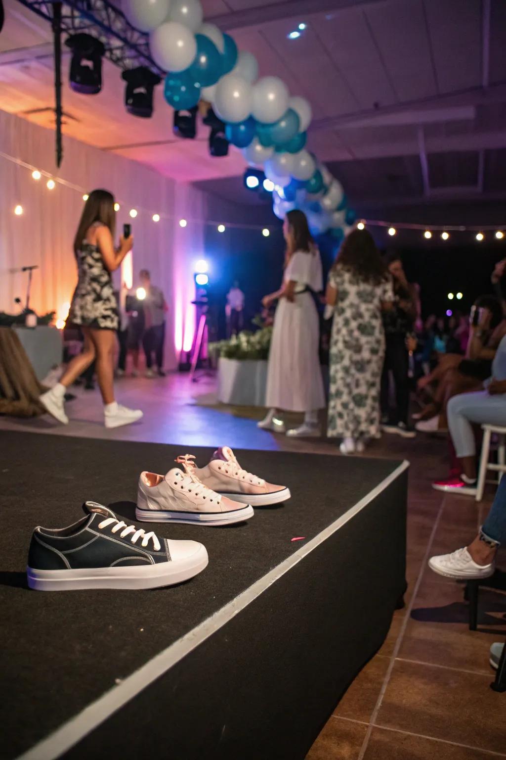 Guests flaunting their sneakers on a stylish runway.