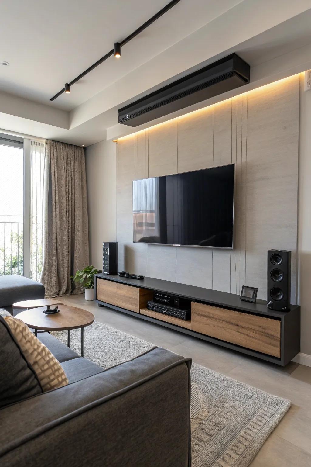 Soundbar suspended below a wall-mounted TV for a unique look