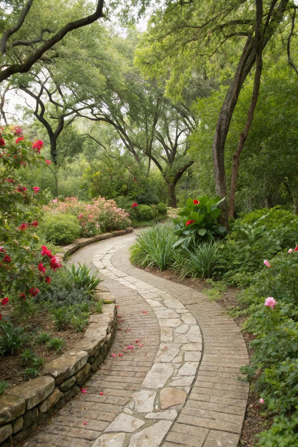 A beautiful curved stone pathway in a lush garden setting.