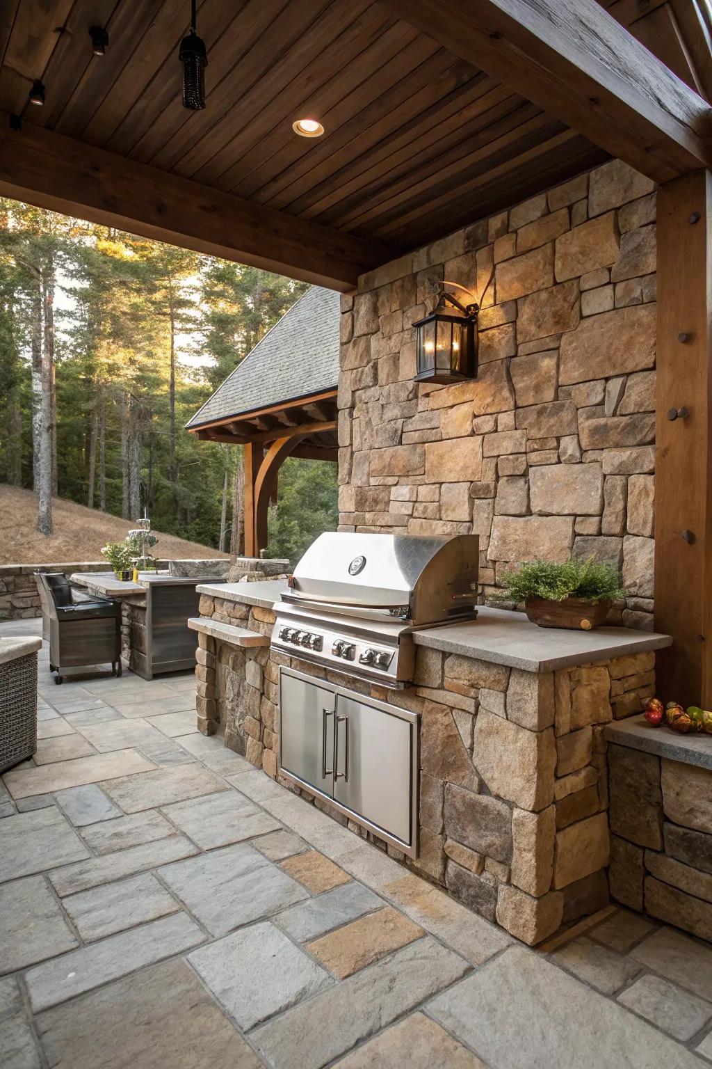 A built-in grill takes center stage in this rustic outdoor kitchen setup.