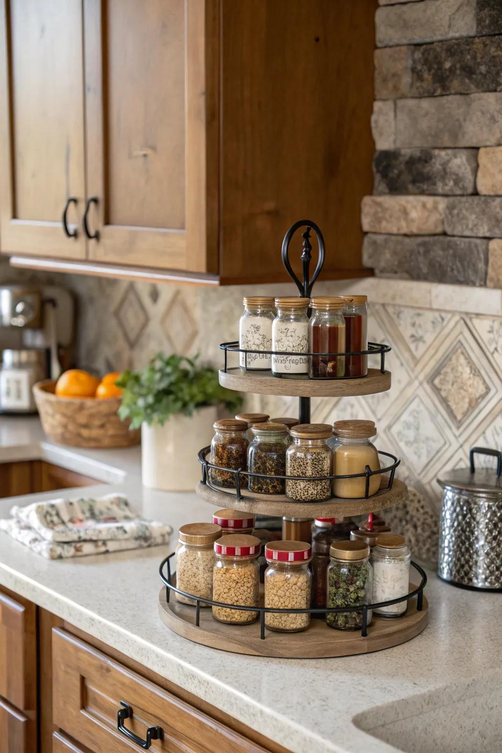 Efficient tiered shelves for spice storage.