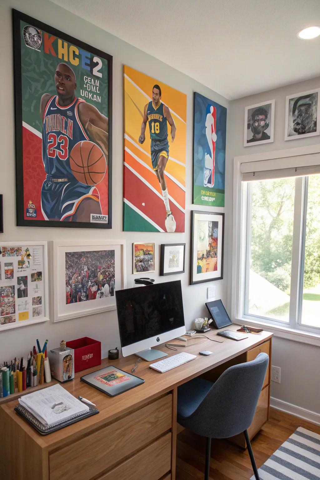 Sports art can add elegance and enthusiasm to your workspace.