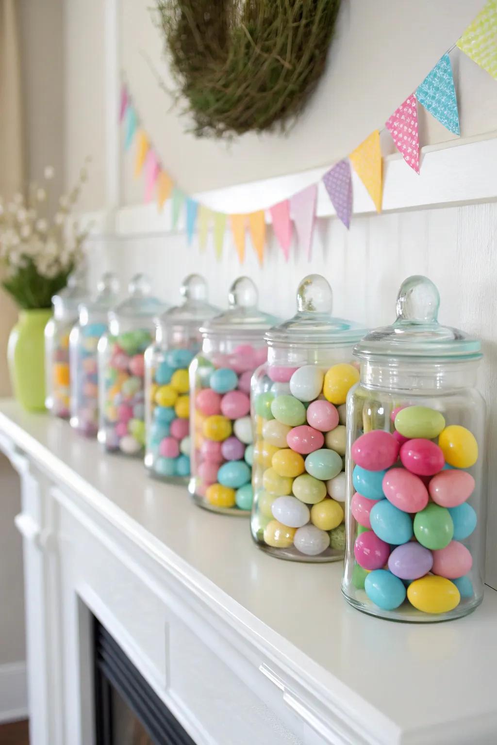 Brighten your mantel with jars of colorful Easter eggs.