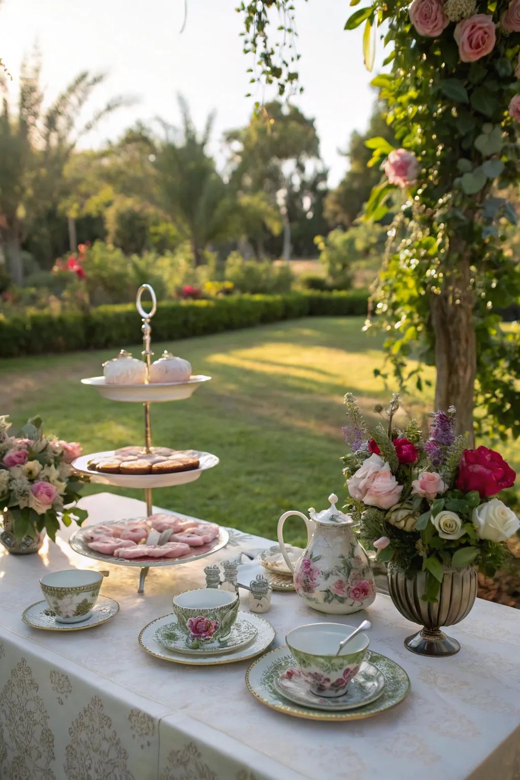 An outdoor setting provides a refreshing backdrop for a spring tea party.