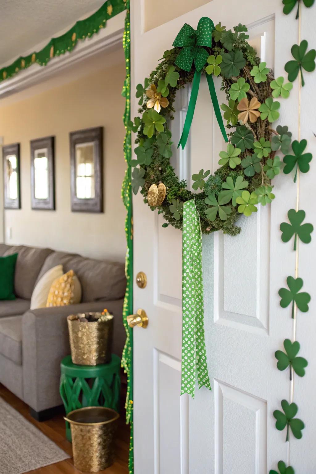 A classic shamrock wreath adding charm to the decor.