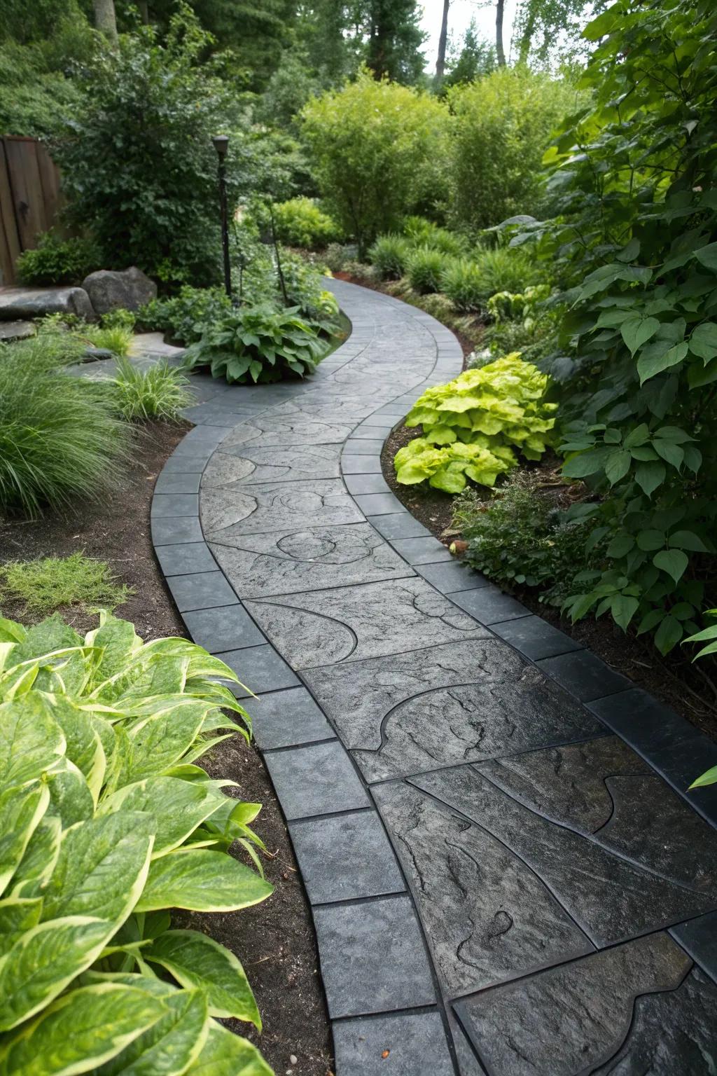 Charcoal accents add a bold touch to this garden pathway.