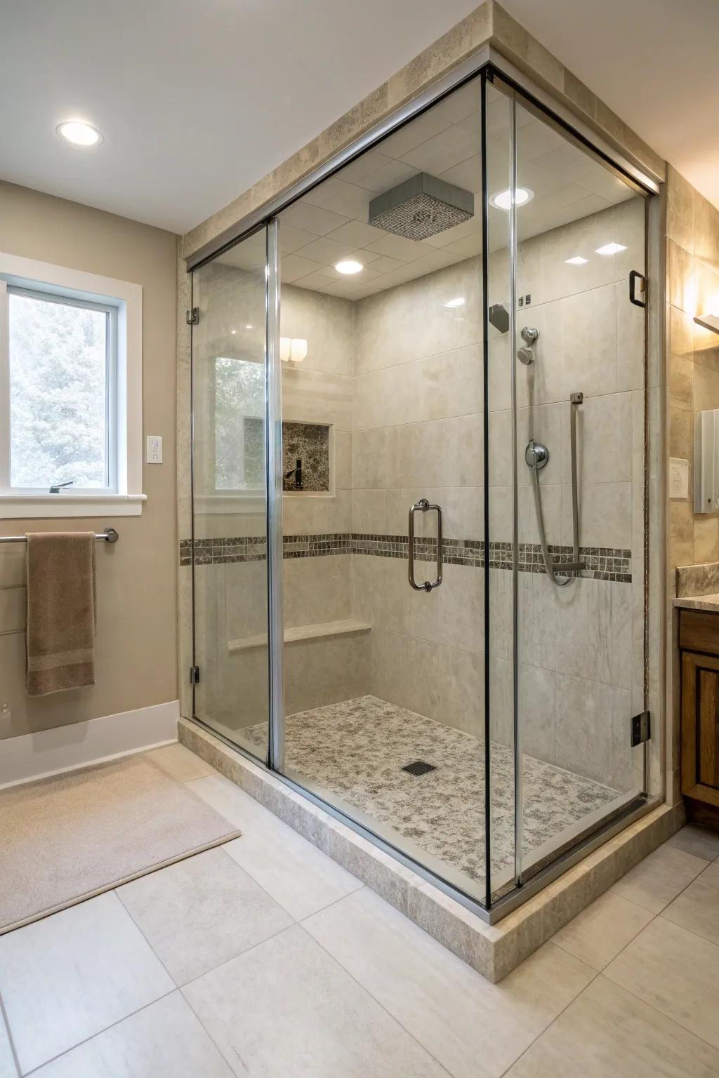 Barrier-free step-down walk-in shower with a seamless and open design.