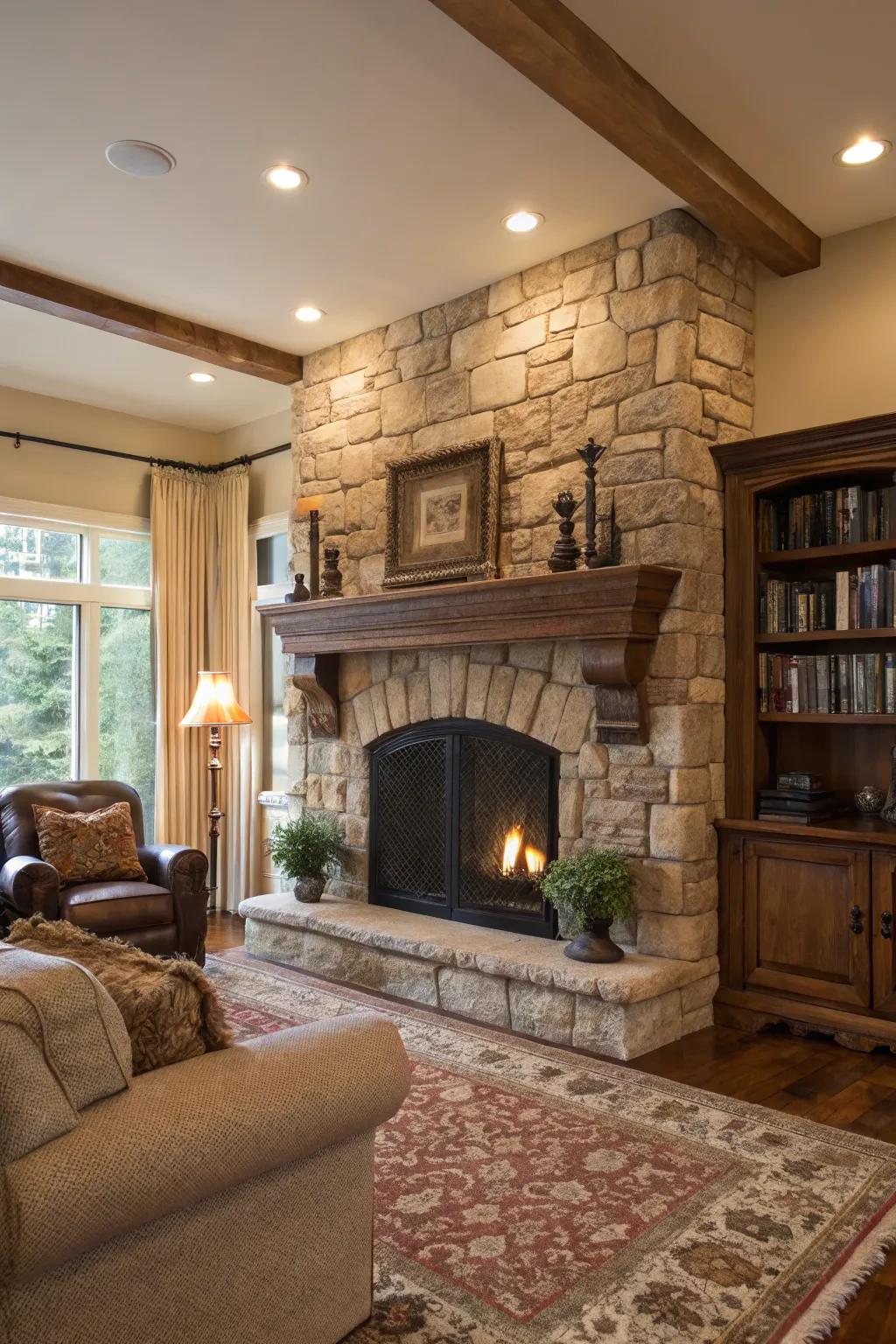 A classic living room featuring a stone fireplace with a matching stone mantel.