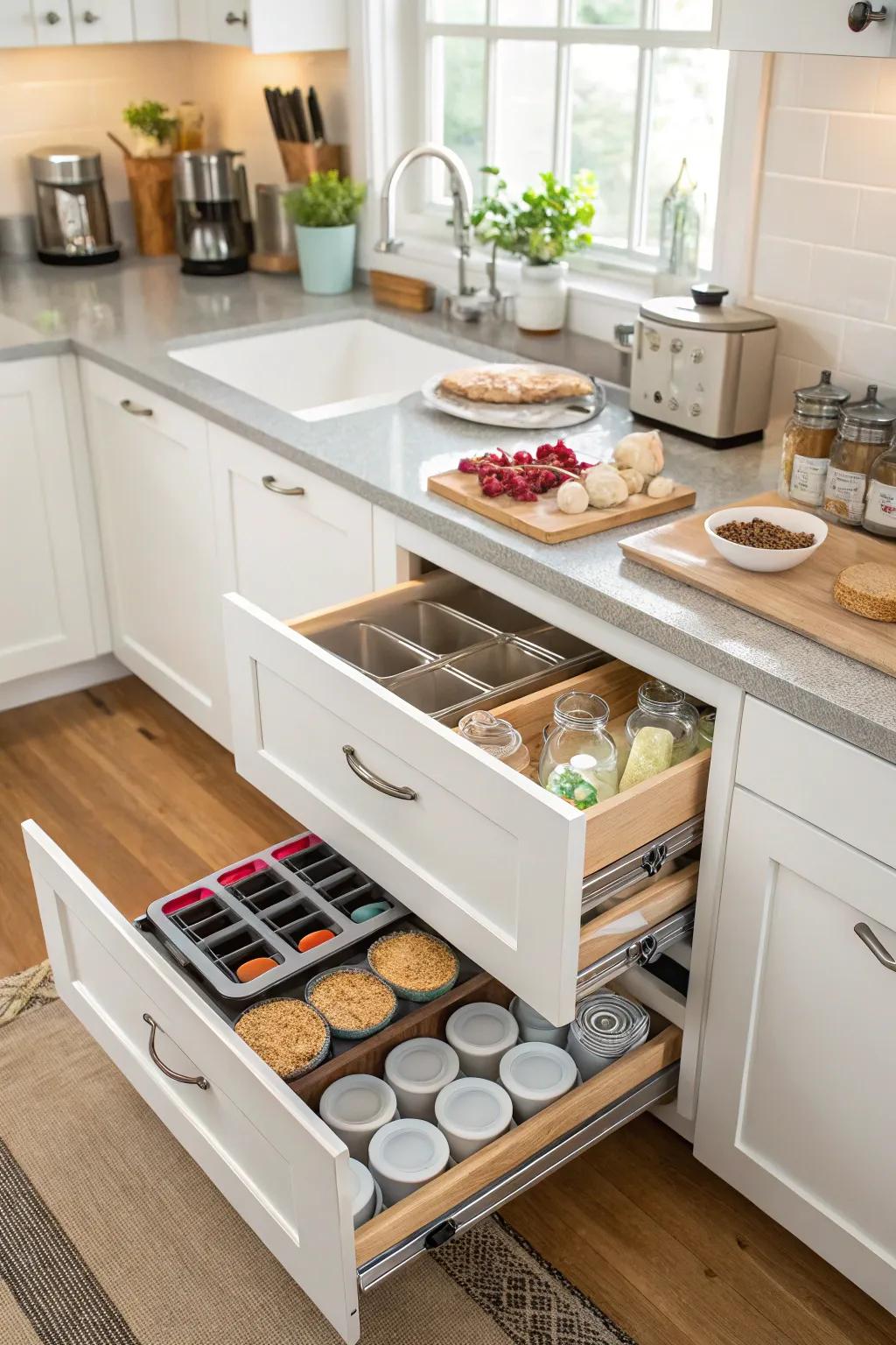 Organized kitchen with pull-out drawers.