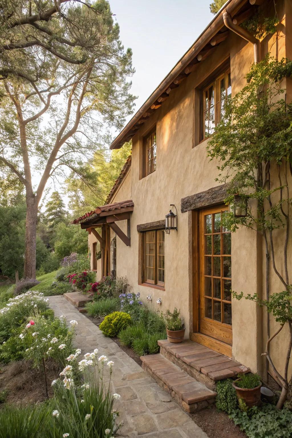 Wooden trims lend a rustic charm to this inviting stucco home.