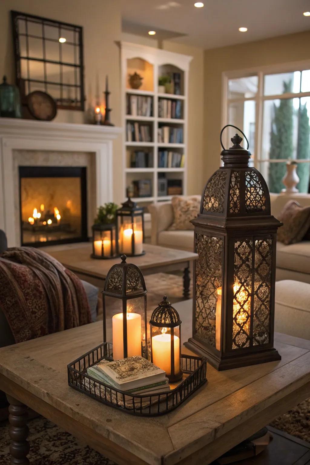 Candles and lanterns set a cozy and inviting mood.