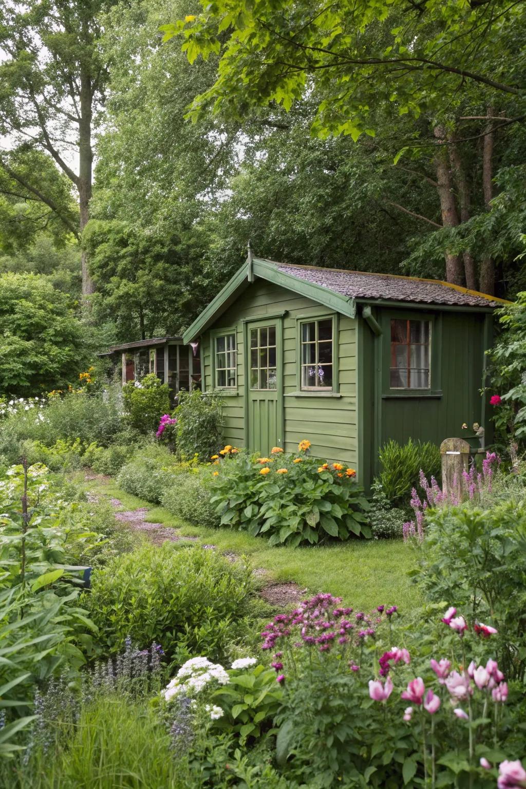 An earthy green summer house harmoniously blending with its garden surroundings.