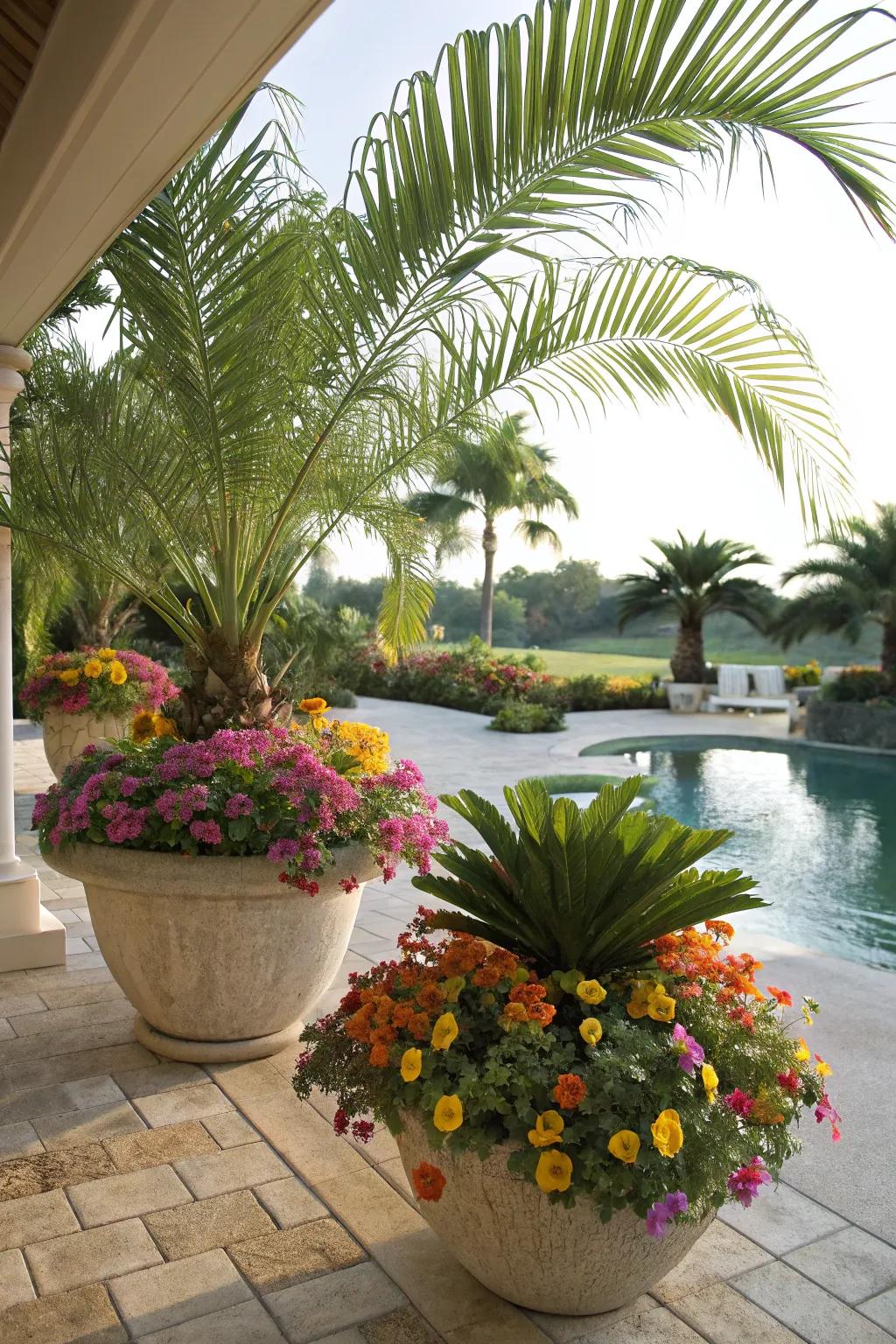 Tropical palm plants with bright flowers