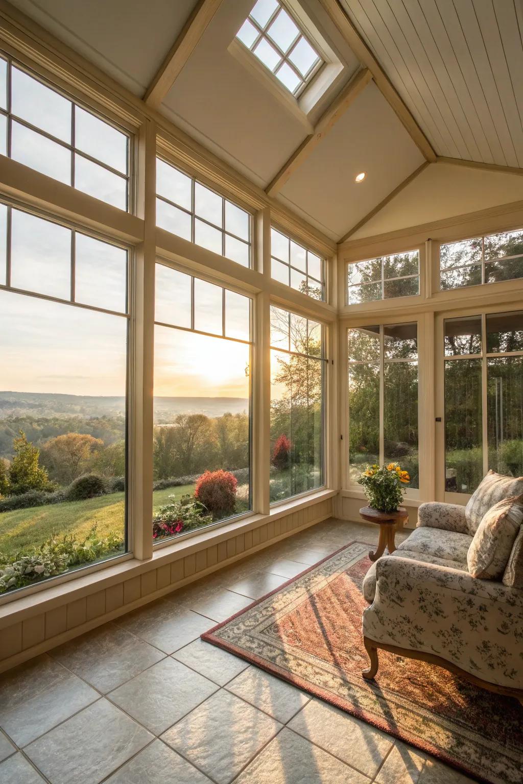 Floor-to-ceiling windows maximize natural light in your sunroom.